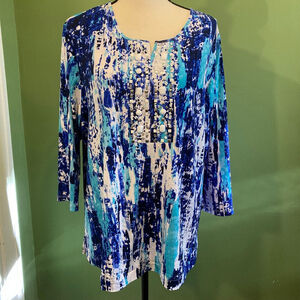 Women's Allison Daley Blue White Abstract Beaded Tunic Top